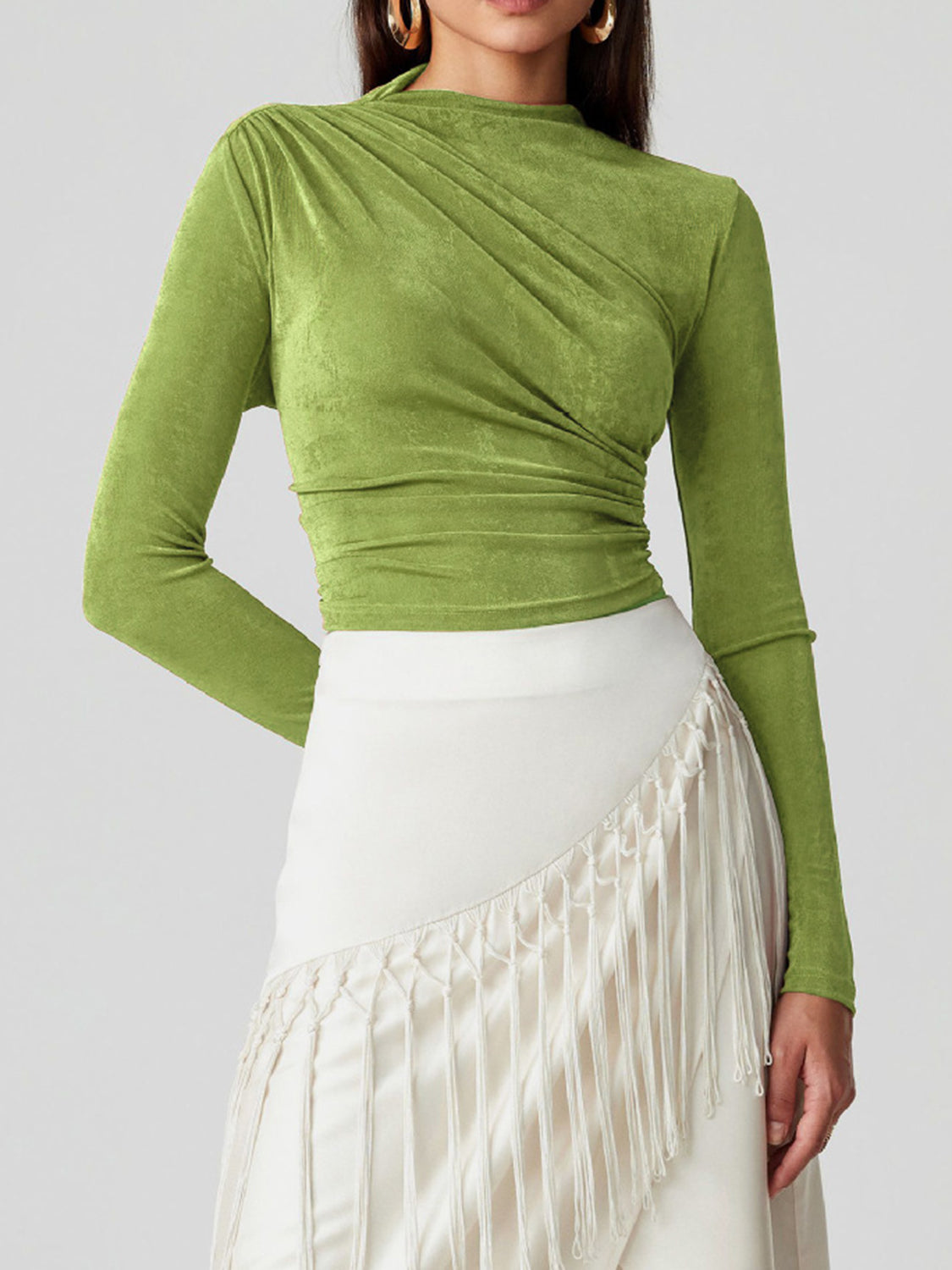 Ruched Mock Neck Long Sleeve T-Shirt Green