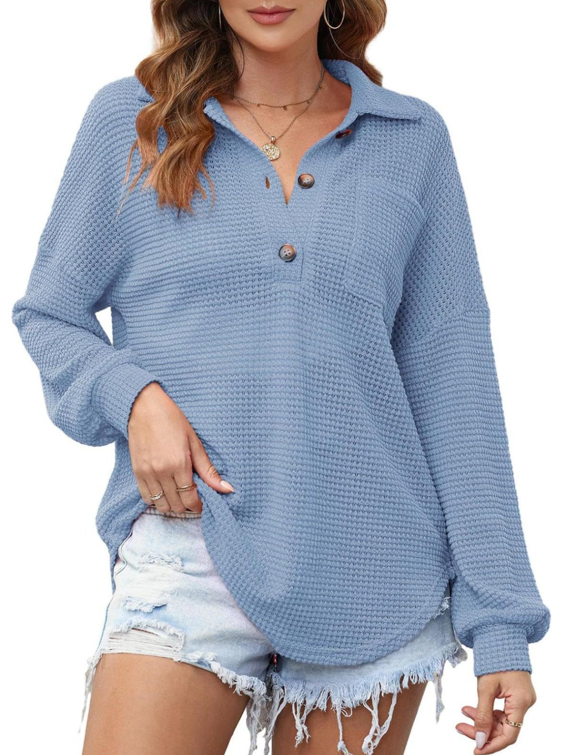 Cozy Waffle Knit Back-to-School Sweatshirt Dusty Blue