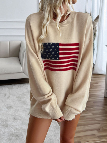 Devine US Flag Round Neck Long Sleeve Knit Top Beige