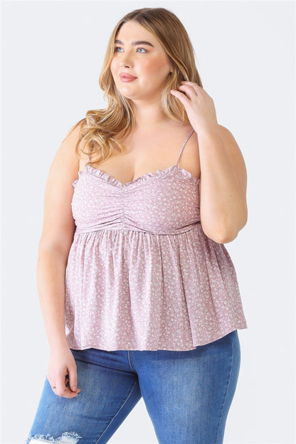 Zenobia Plus Size Frill Smocked Floral Sweetheart Neck Cami Mauve