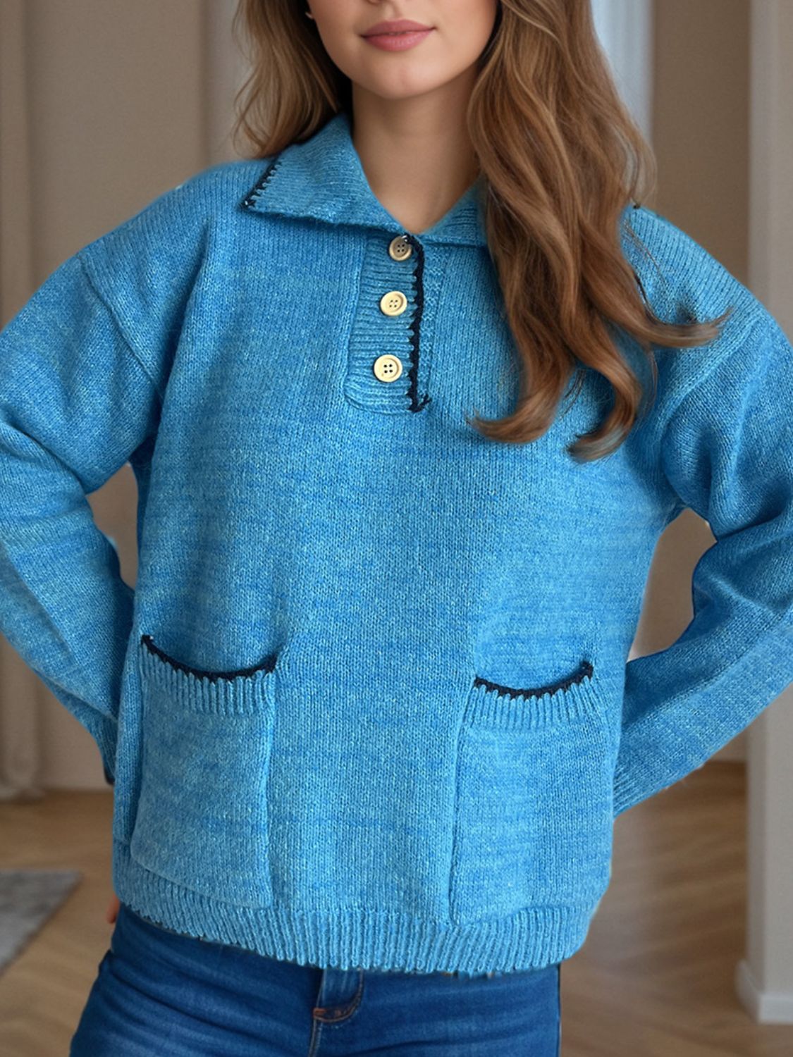 Contrast Trim Quarter Button Long Sleeve Sweater Sky Blue One Size