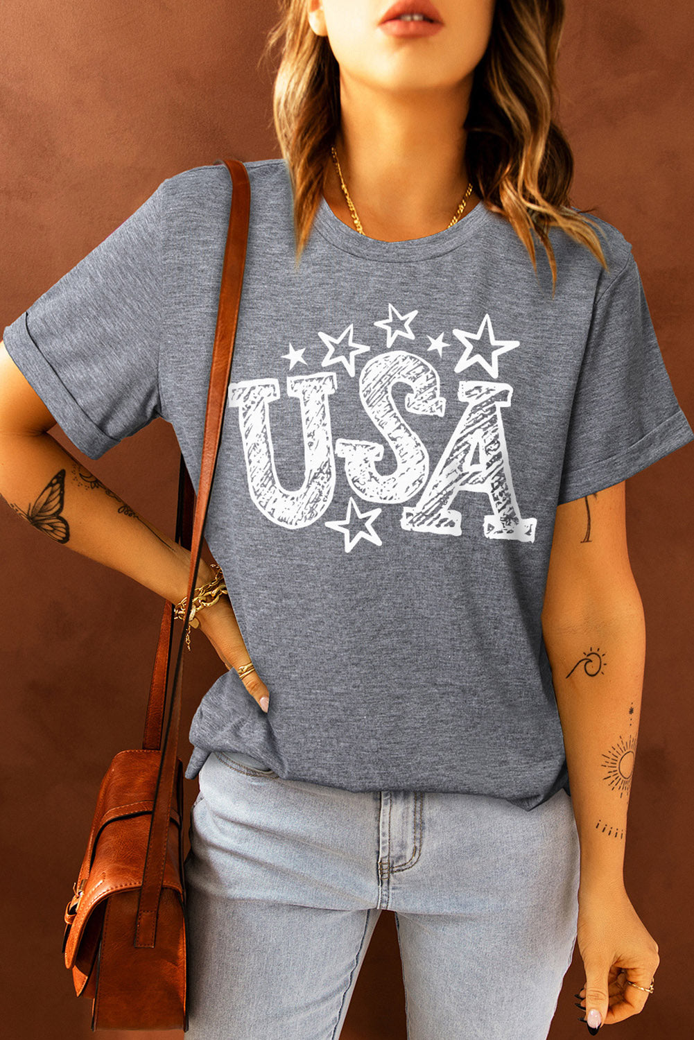 USA Star Graphic Round Neck Tee Mid Gray