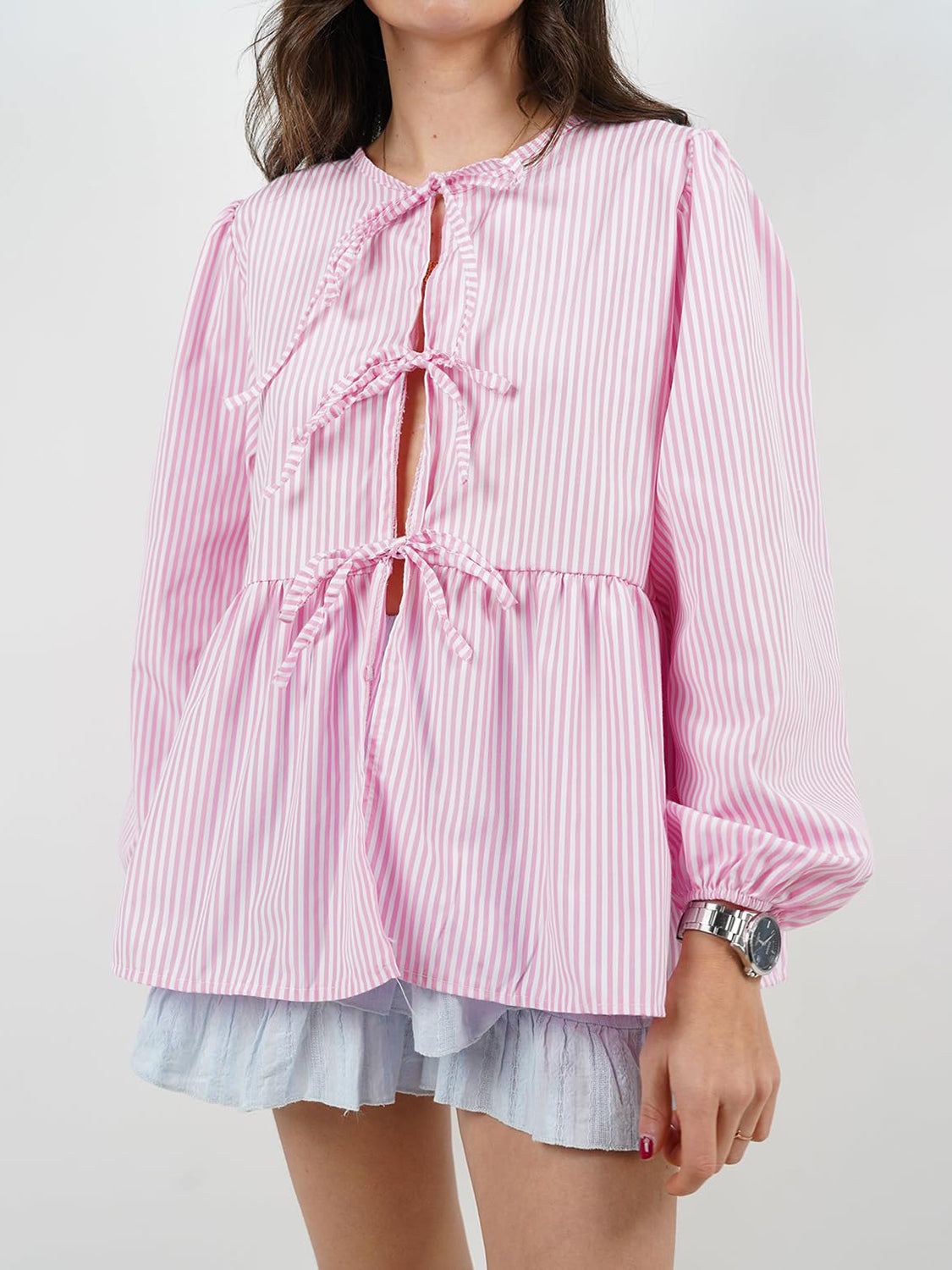 Tied Round Neck Long Sleeve Blouse Pink