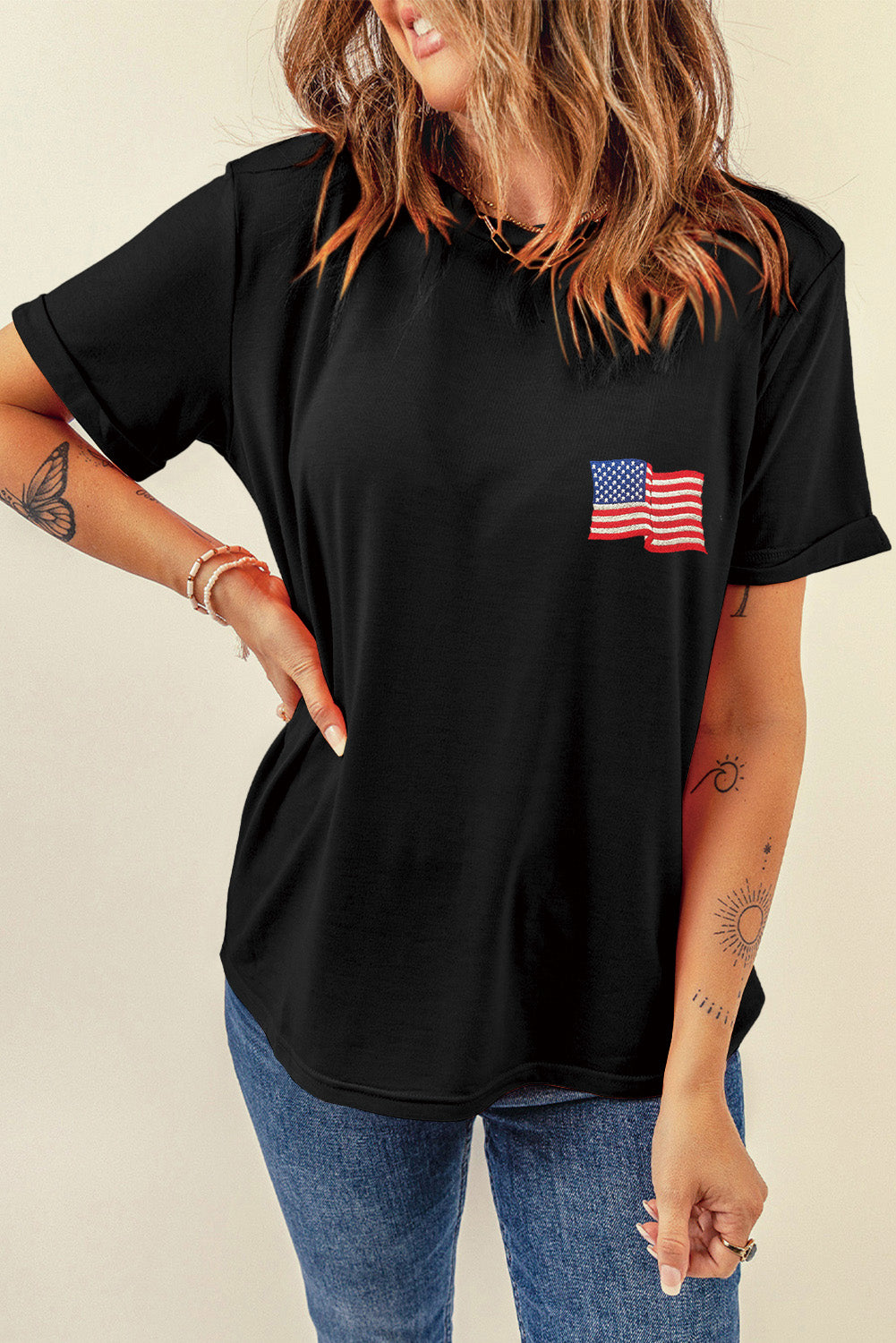 US Flag Round Neck Short Sleeve T-Shirt Black