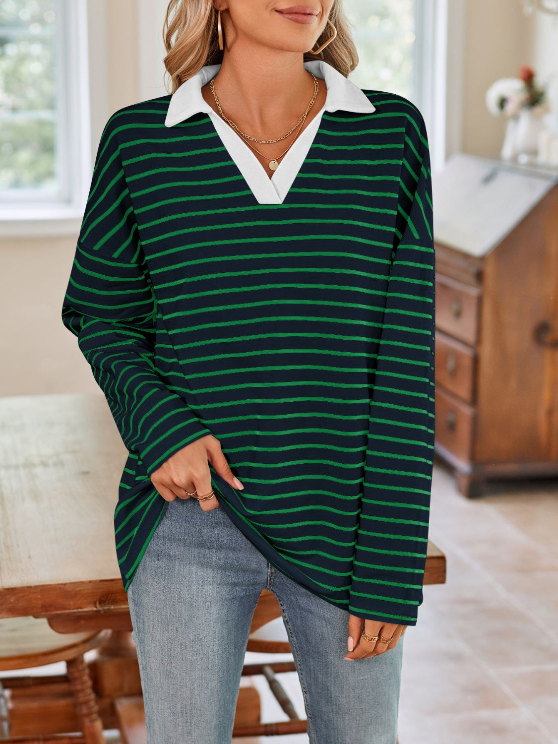 Lovelet Striped Johnny Collar Long Sleeve T-Shirt Dark Green