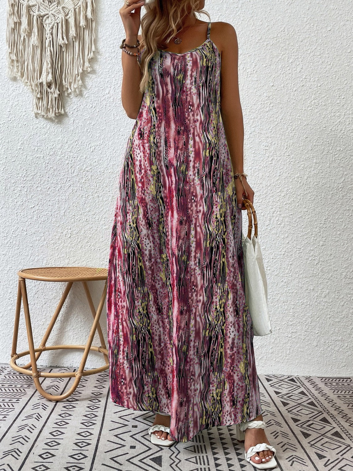 Full Size Printed Scoop Neck Maxi Cami Dress Burgundy