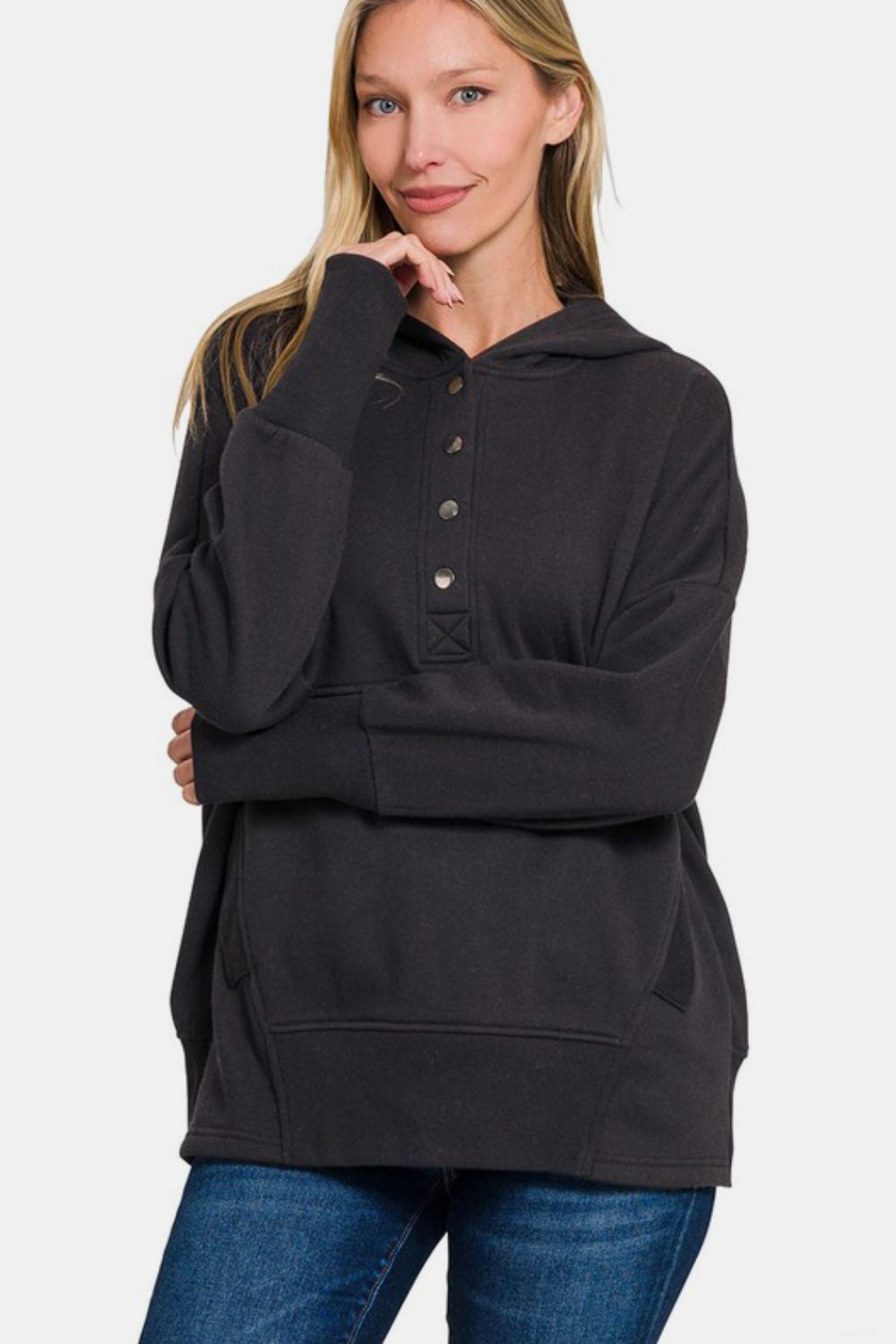 Zenana Half Snap Long Sleeve Hoodie with Kangaroo Pocket