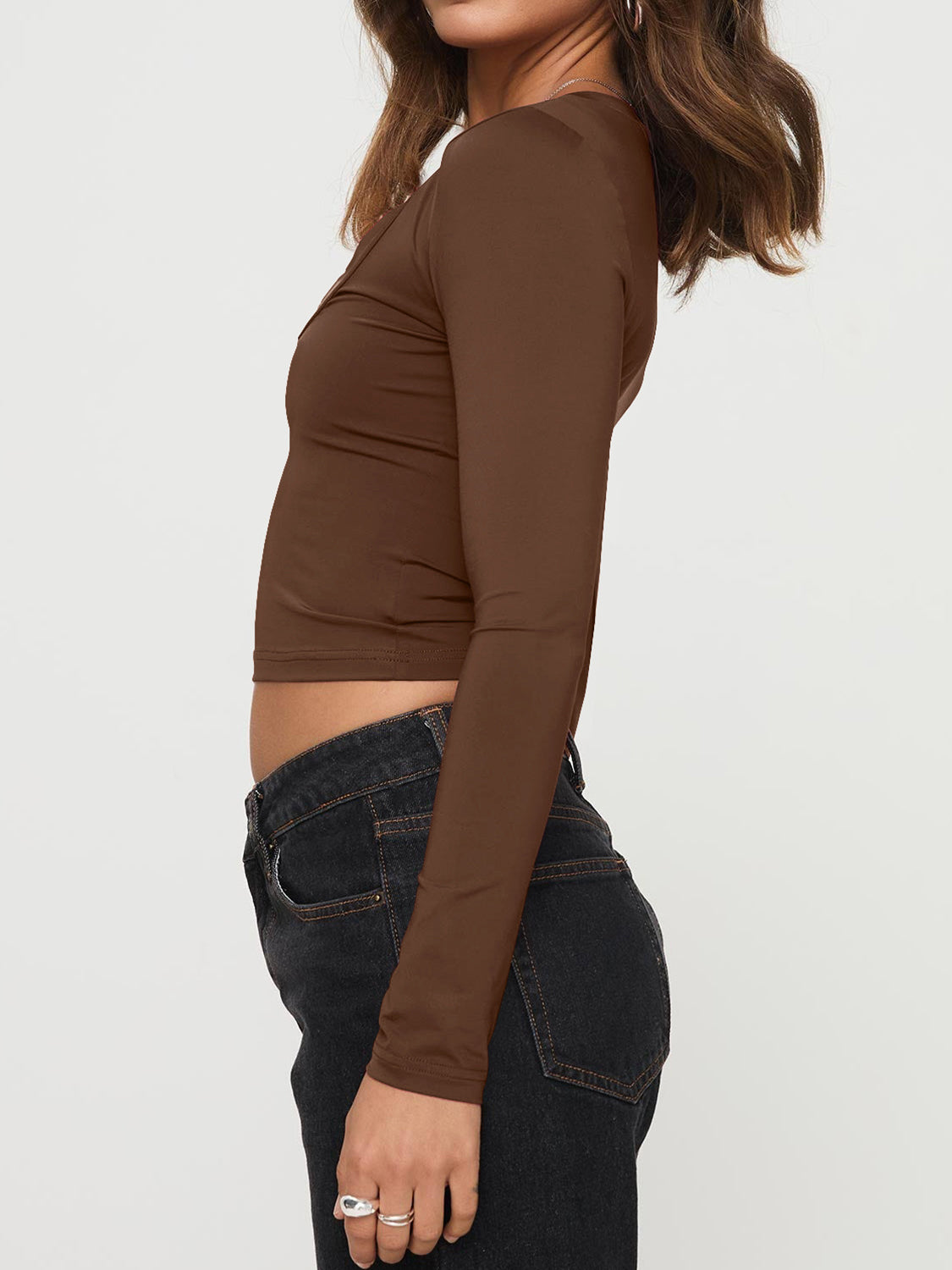 Scoop Neck Long Sleeve Cropped T-Shirt Brown