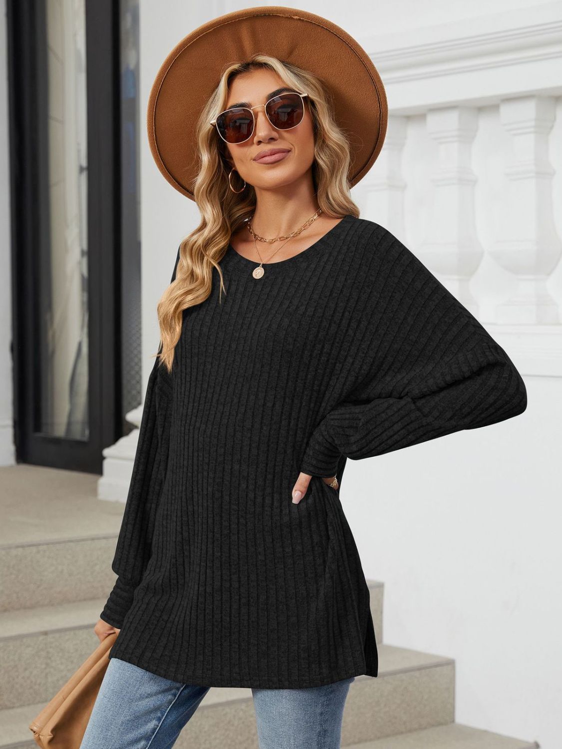 Ribbed Round Neck Long Sleeve T-Shirt Black