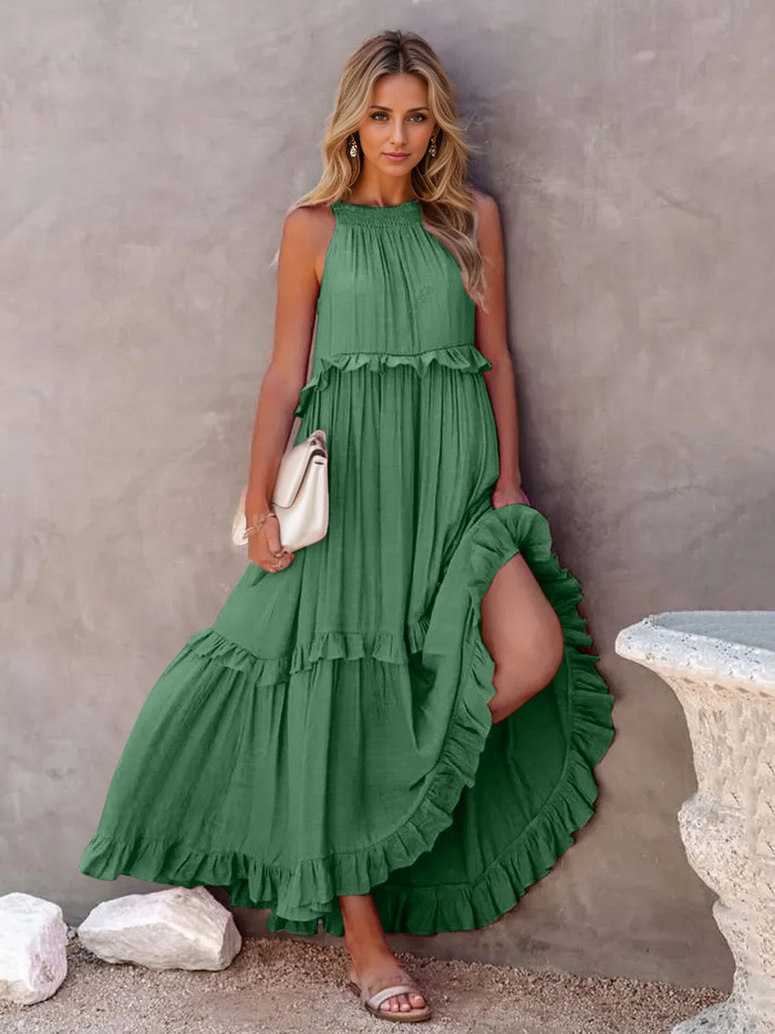 Smocked Tiered Maxi Dress with Pockets Green