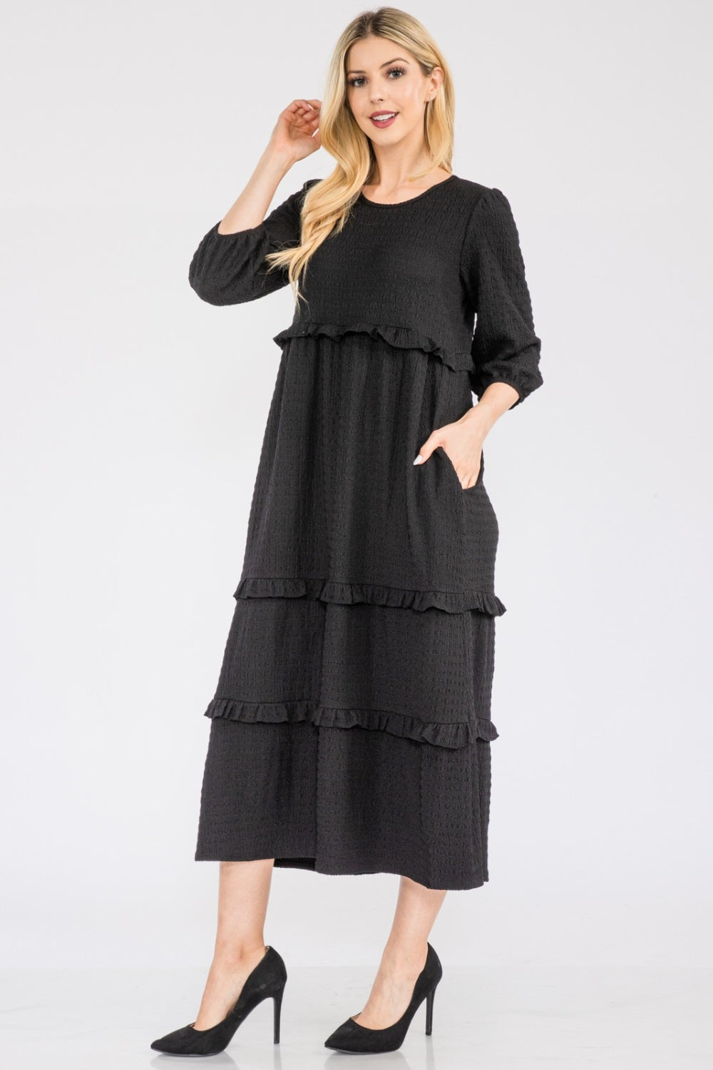 Celeste Full Size Tiered-Ruffle Midi Dress Black