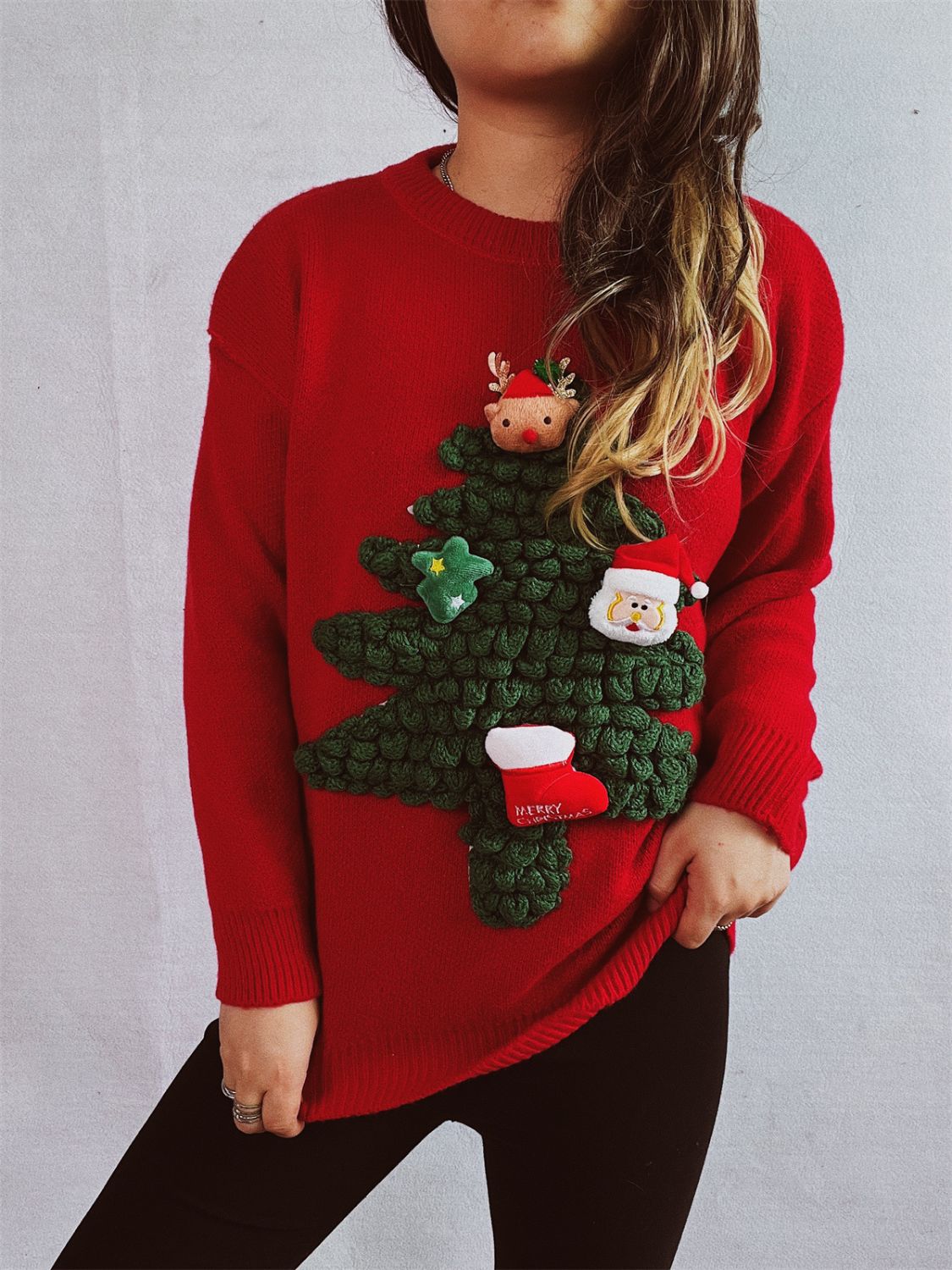 Christmas Tree Round Neck Long Sleeve Sweater Deep Red One Size