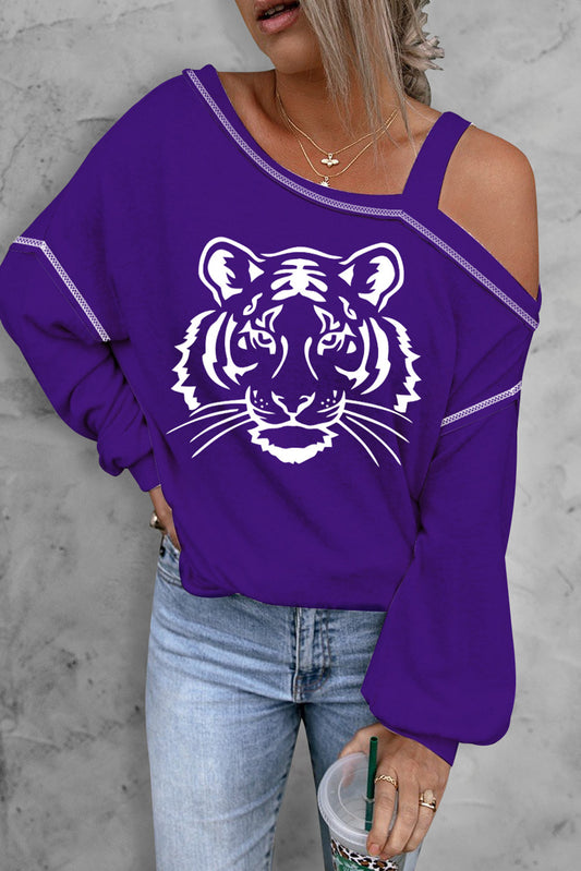 Tiger Graphic Long Sleeve Asymmetrical Neck Top Violet