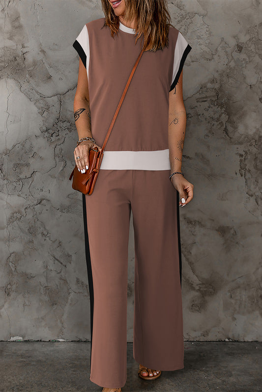Polyester Two-Piece Set with Contrast Top & Pants Chestnut