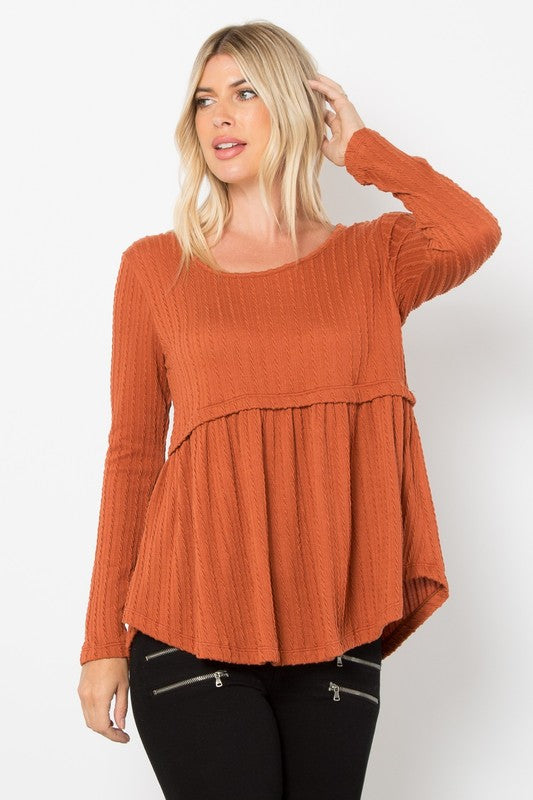 Be Stage Full Size Texture Babydoll Round Neck Long Sleeve Knit Top Rust