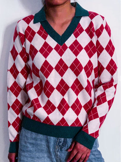 Geometric Johnny Collar Long Sleeve Sweater Deep Red