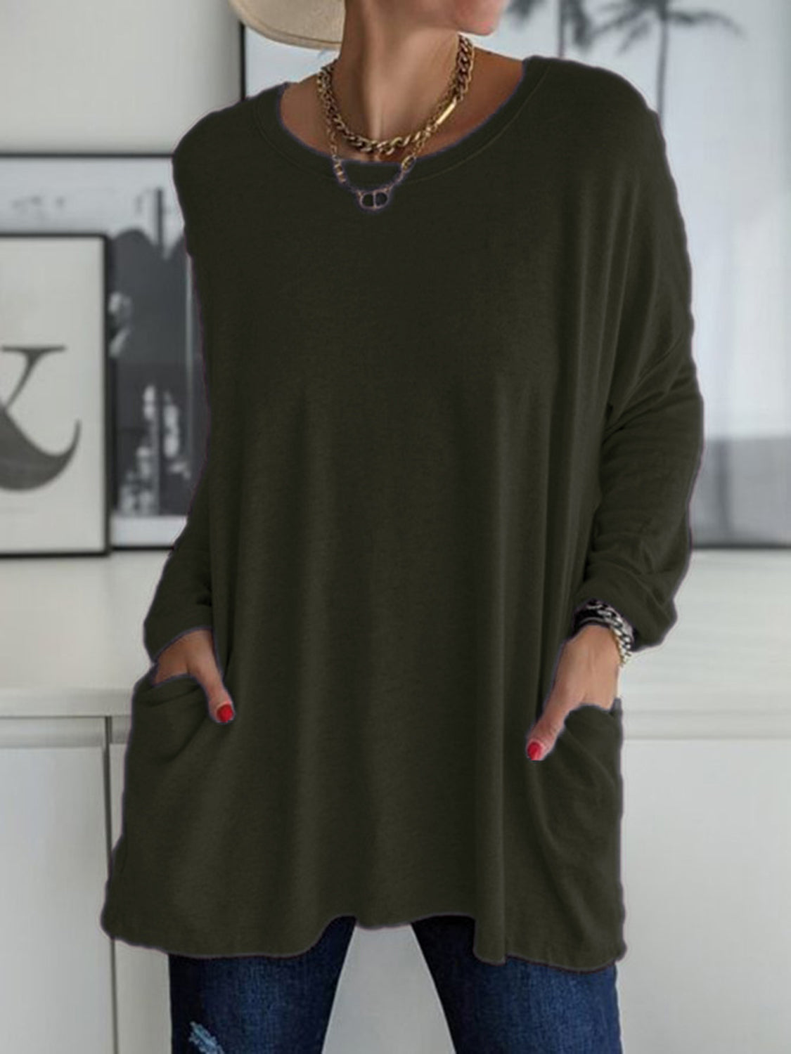 Full Size Round Neck Long Sleeve T-Shirt Army Green