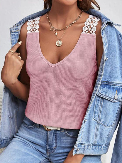 Full Size Lace Detail V-Neck Tank Pink