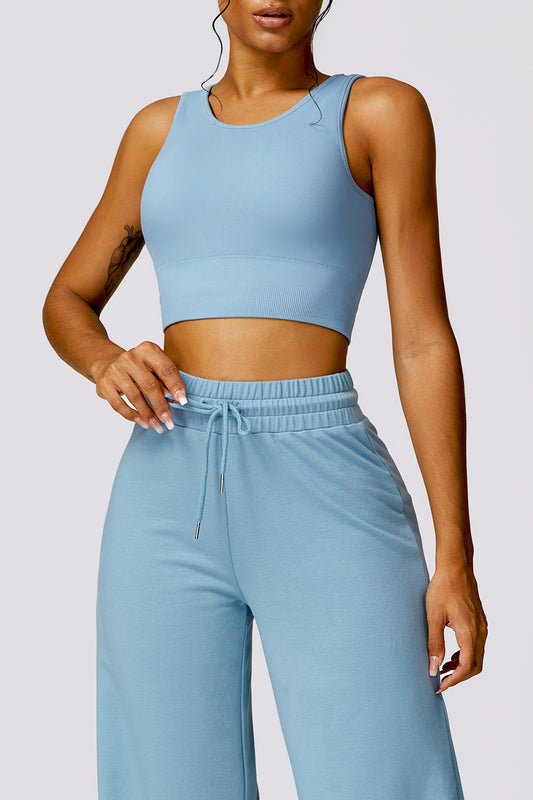 Round Neck Wide Strap Cropped Active Tank Light Blue