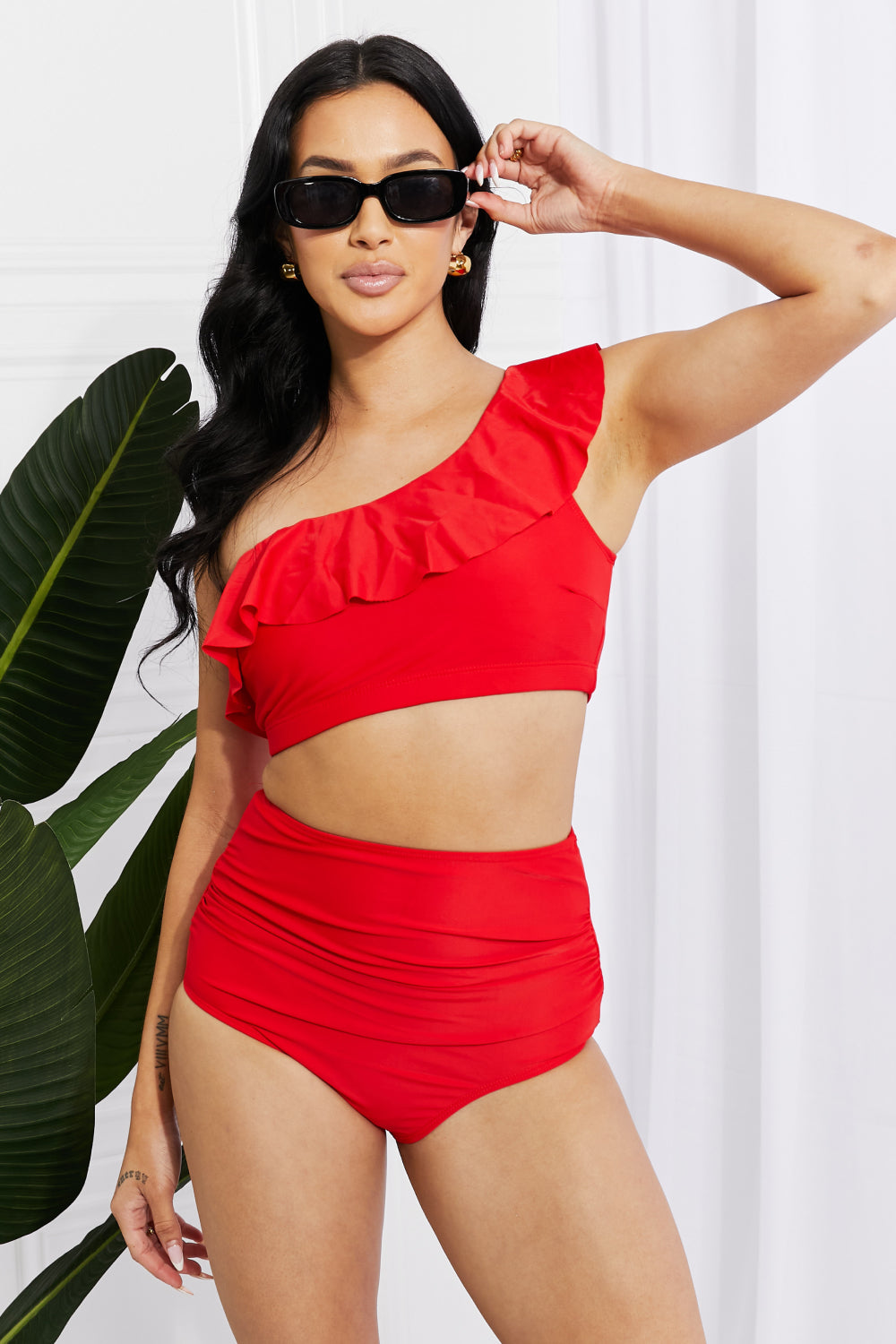 Red Ruffle One-Shoulder High-Waisted Bikini