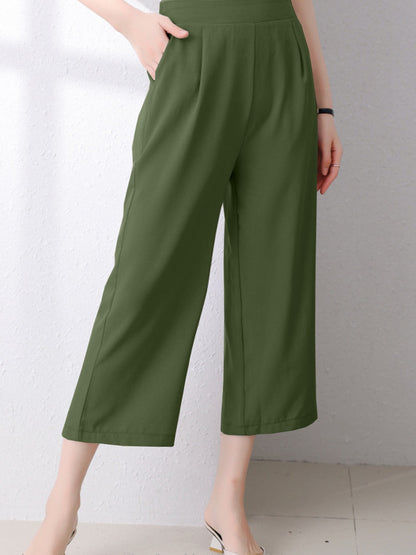 Full Size Pocketed Half Elastic Waist Pants Moss