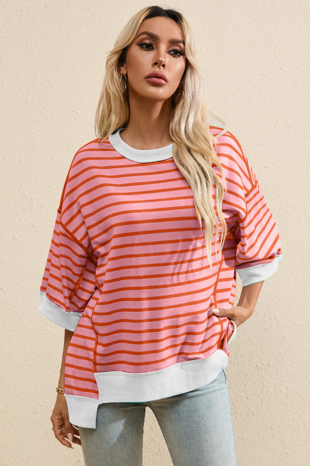 Striped Round Neck Half Sleeve T-Shirt Strawberry