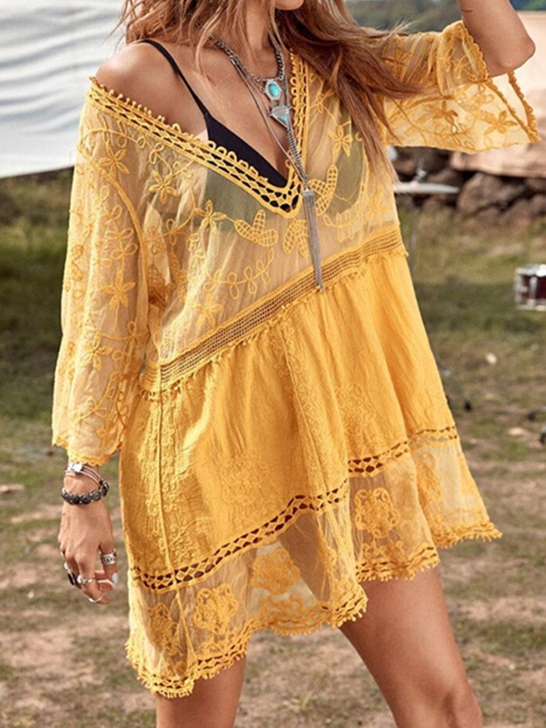 Semi-Sheer Lace Detail Beach Cover-Up Dress Mustard One Size