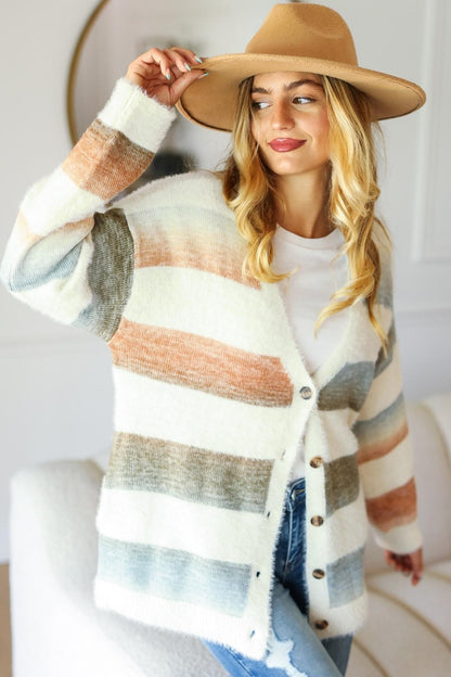 Haptics Full Size Button Down Stripe Soft Fuzzy Sweater Cardigan Ivory Rust Olive