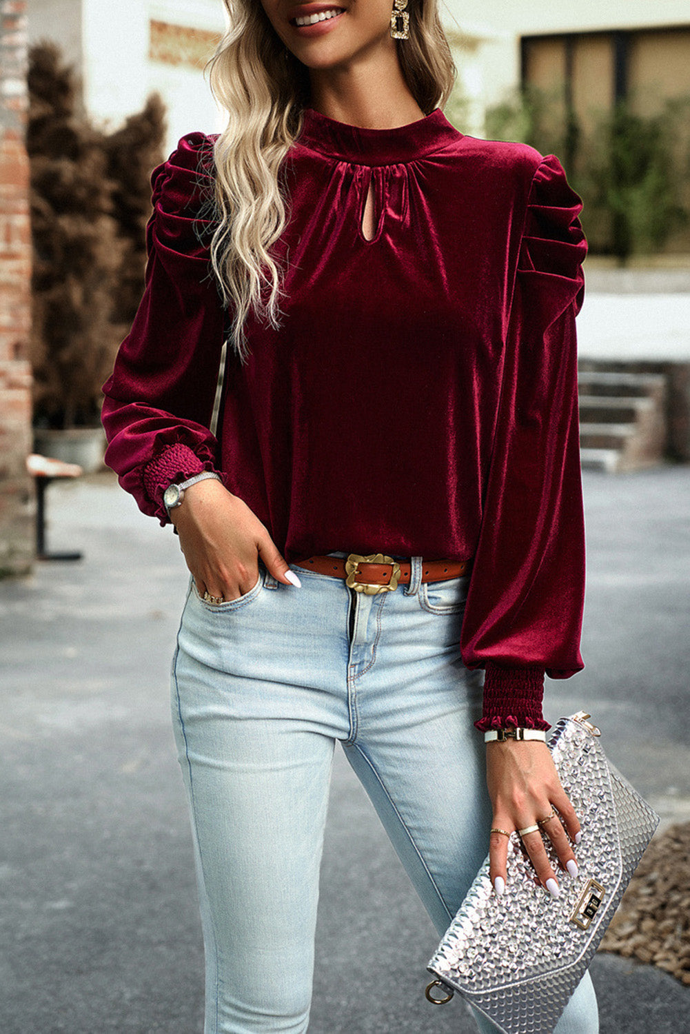 Tie Up Mock Neck Velvet Fabric Long Sleeve Blouse Burgundy