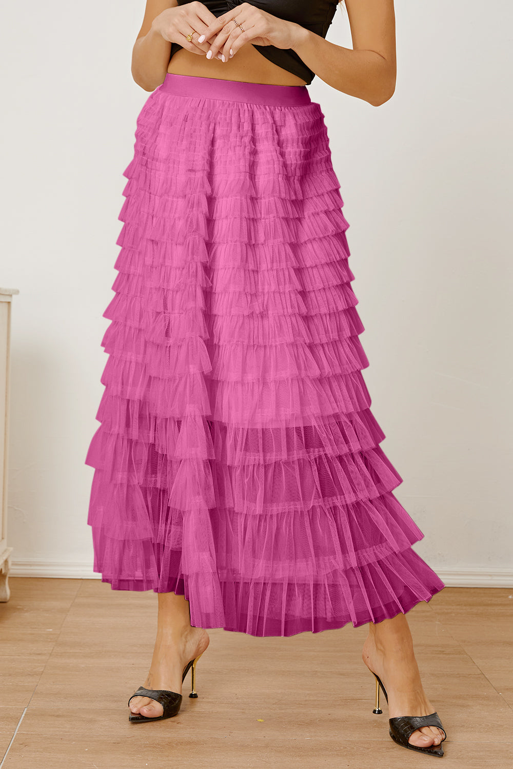 Ruched High Waist Tiered Skirt Pink