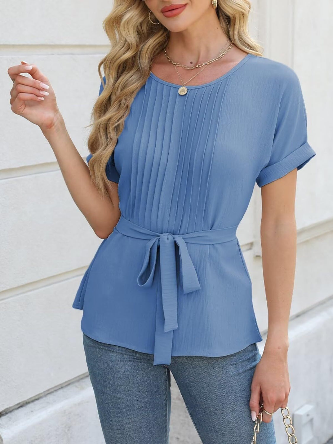 Tied Pleated Round Neck Short Sleeve Top Cerulean