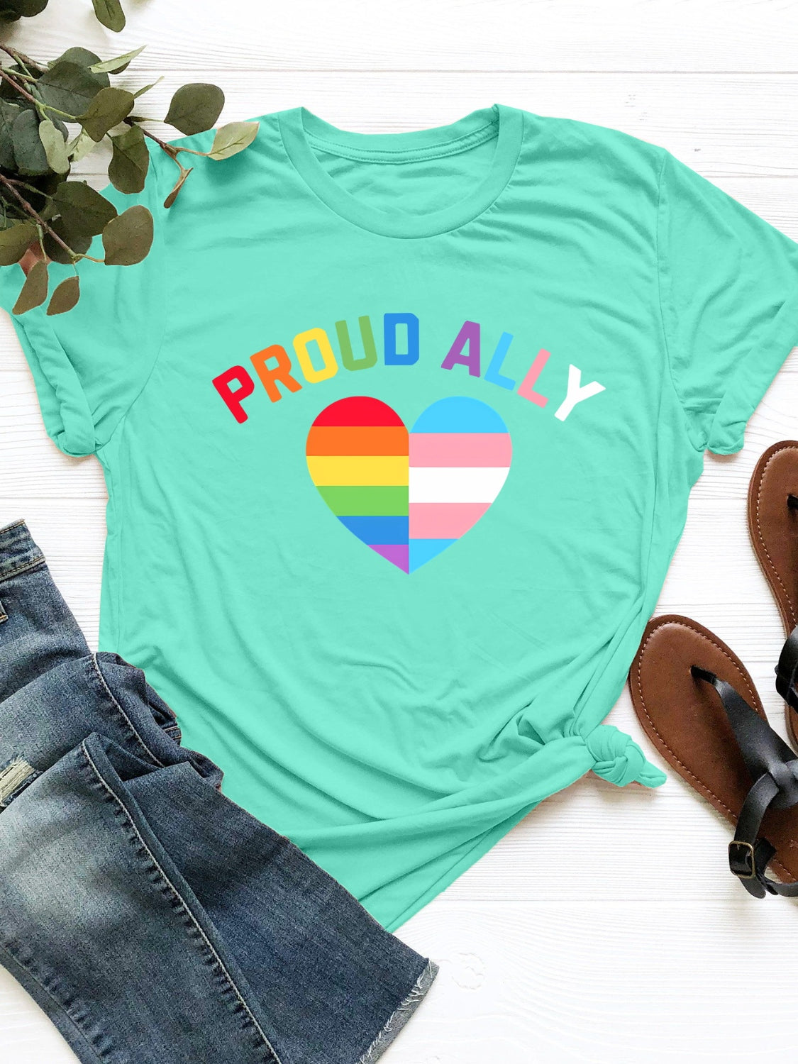 PROUD ALLY Round Neck Short Sleeve T-Shirt Tiffany Blue