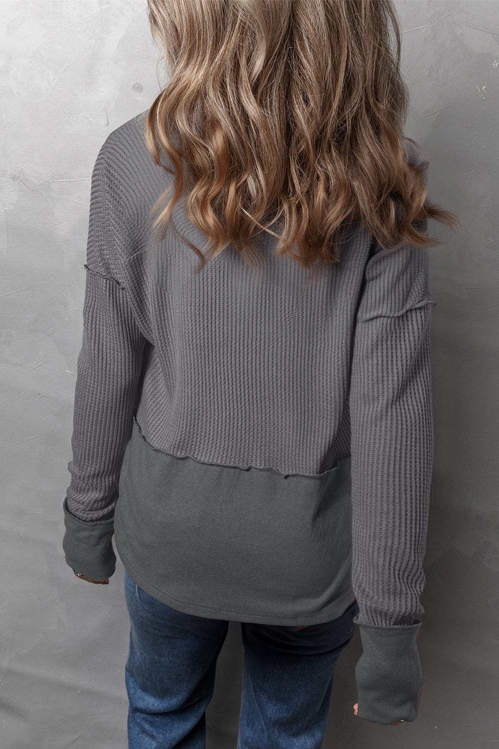 Waffle-Knit Exposed Seam Notched Long Sleeve Top