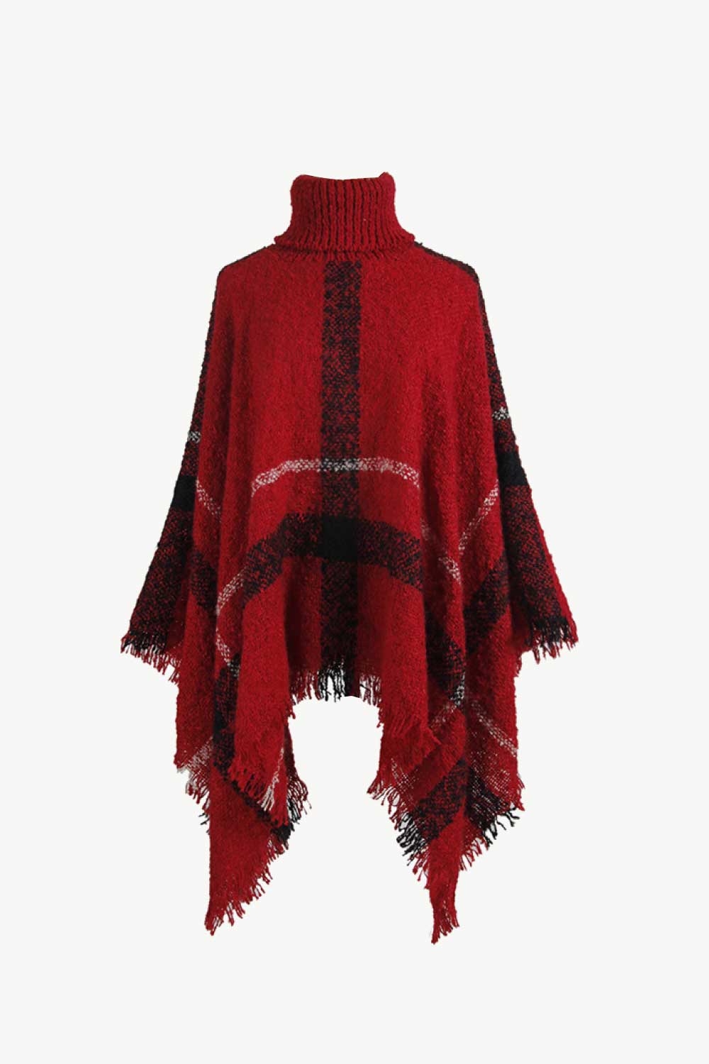 Plaid Turtleneck Raw Hem Poncho Deep Red One Size