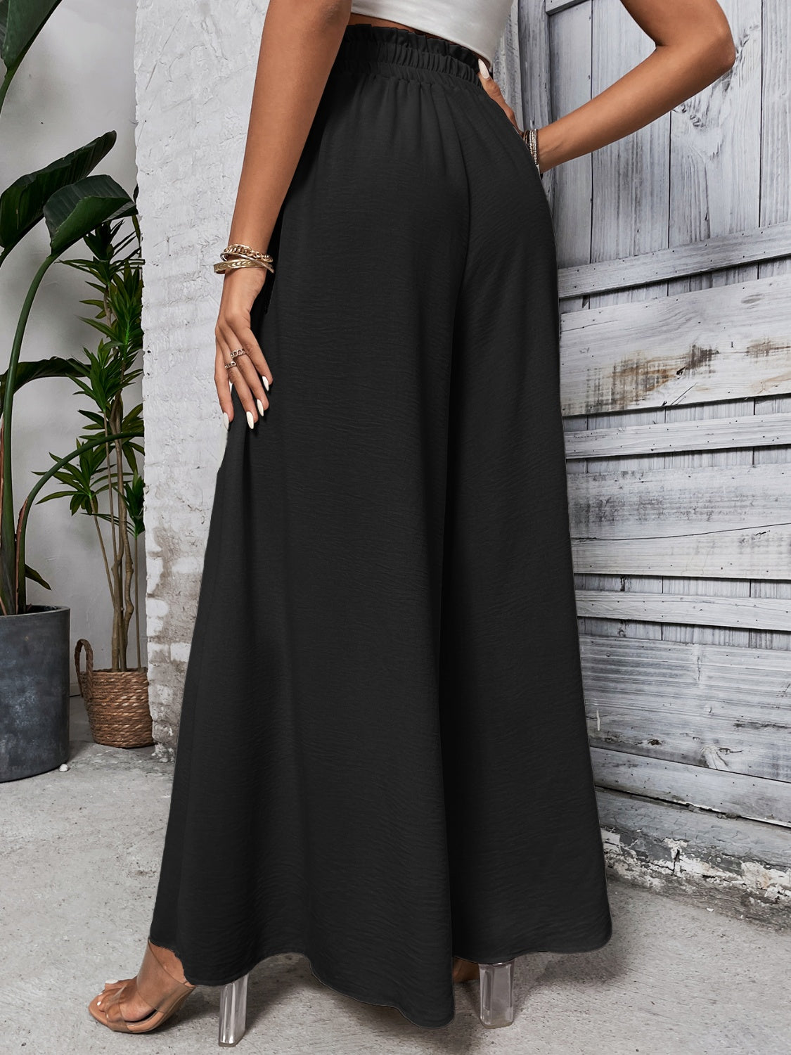 Tied High Waist Wide Leg Pants Black