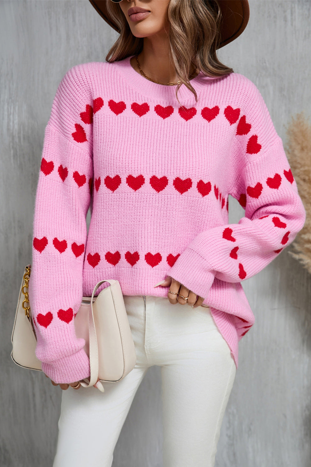 Angel Wings Heart Round Neck Long Sleeve Sweater Pink