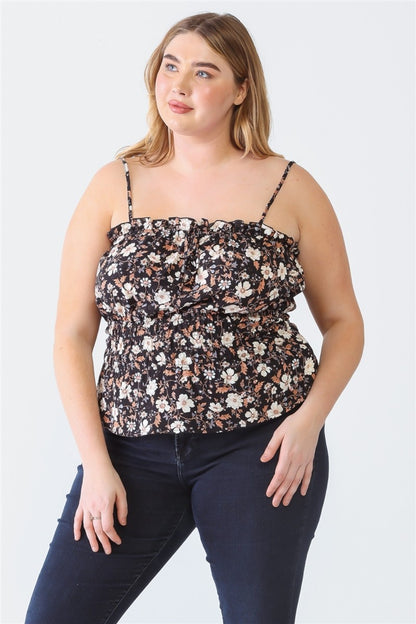 Zenobia Plus Size Frill Floral Square Neck Cami Black