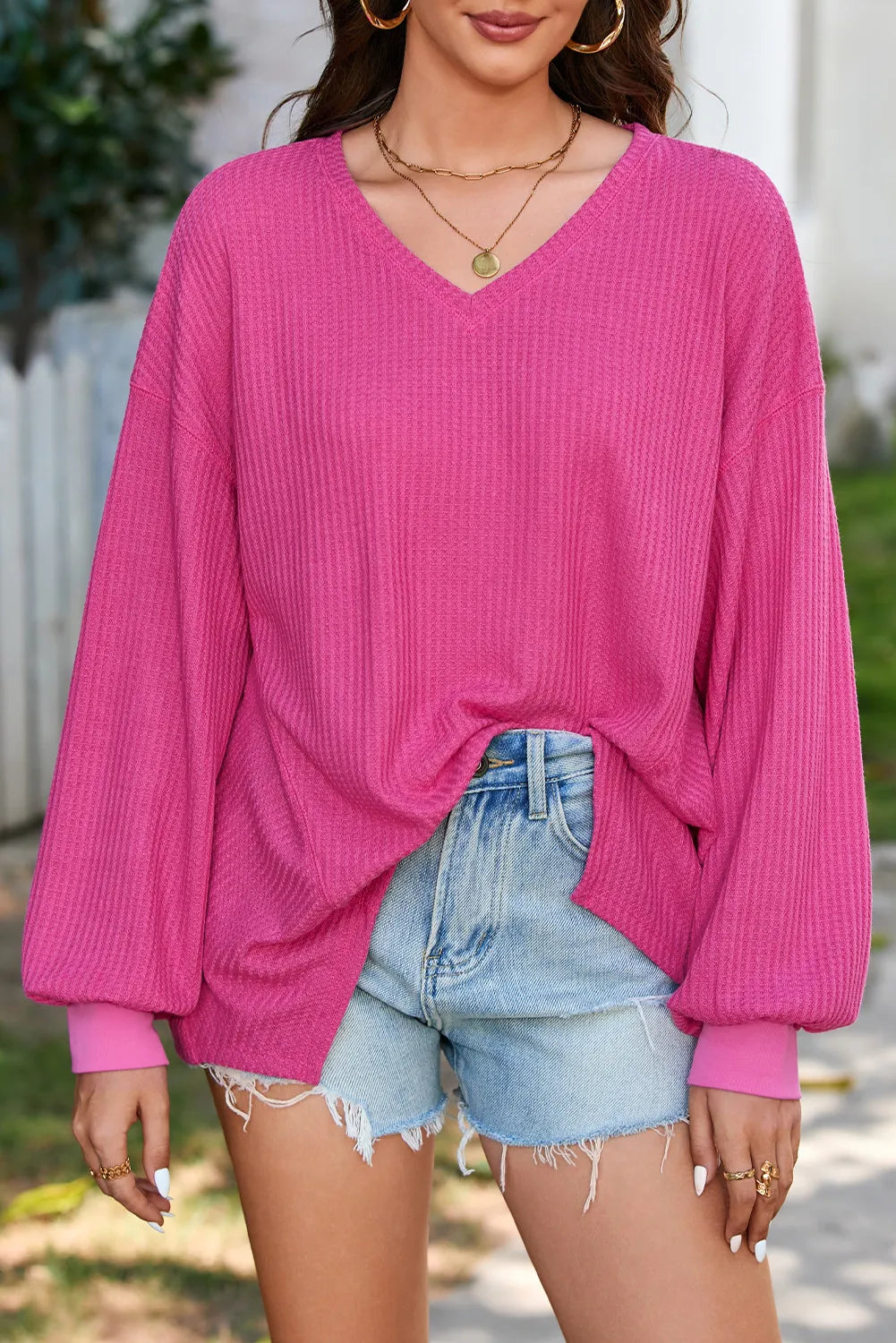 Trendy Waffle Knit Back-to-School Top Fuchsia Pink