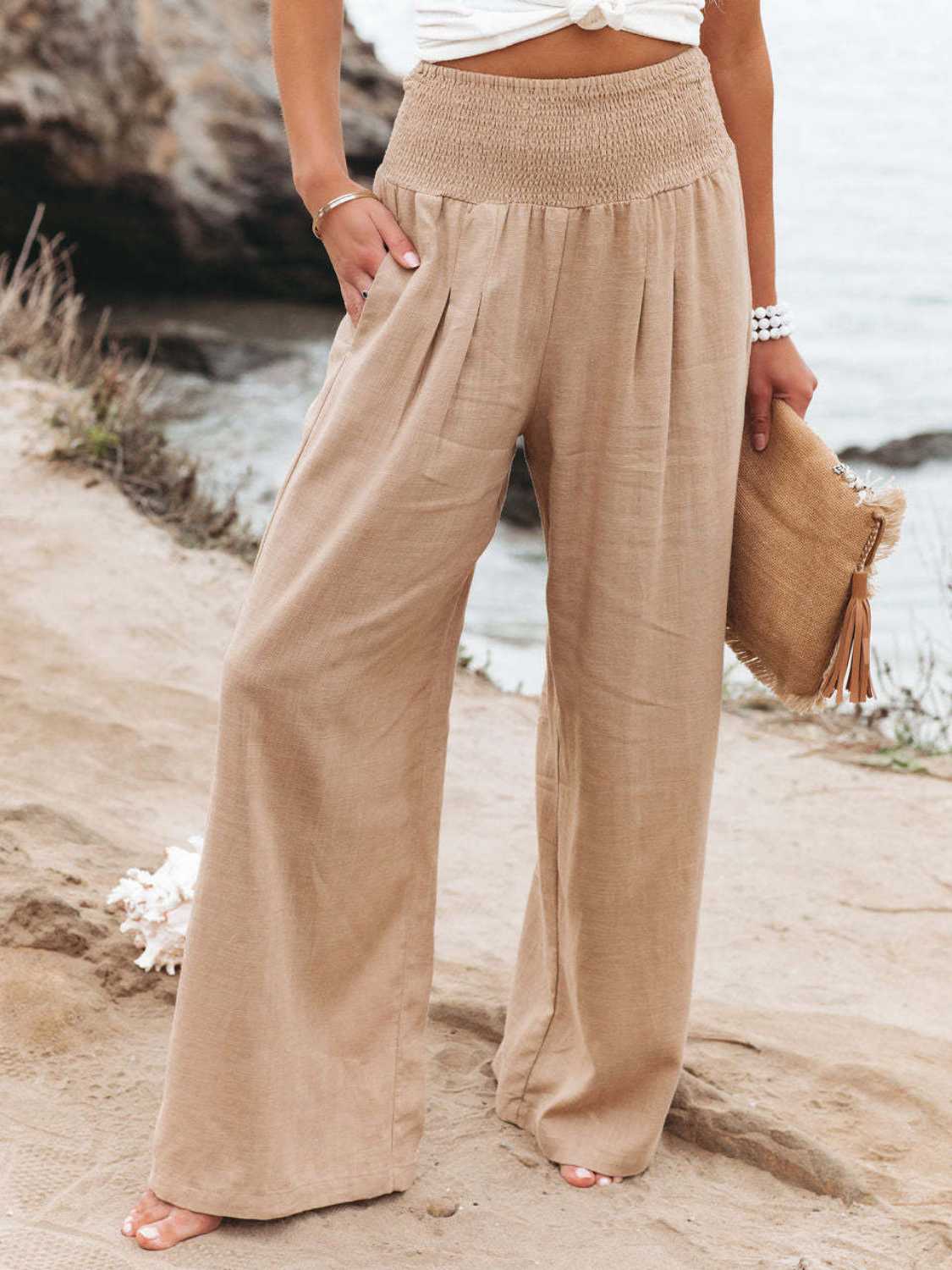 Smocked Waist Wide Leg Pants Dust Storm