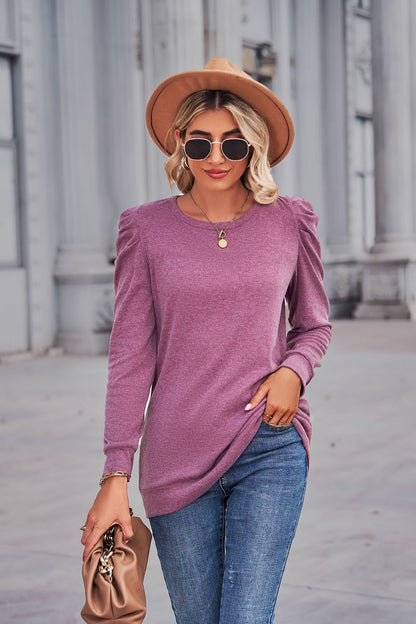 Heathered Puff Sleeve Round Neck Tunic Top Purple