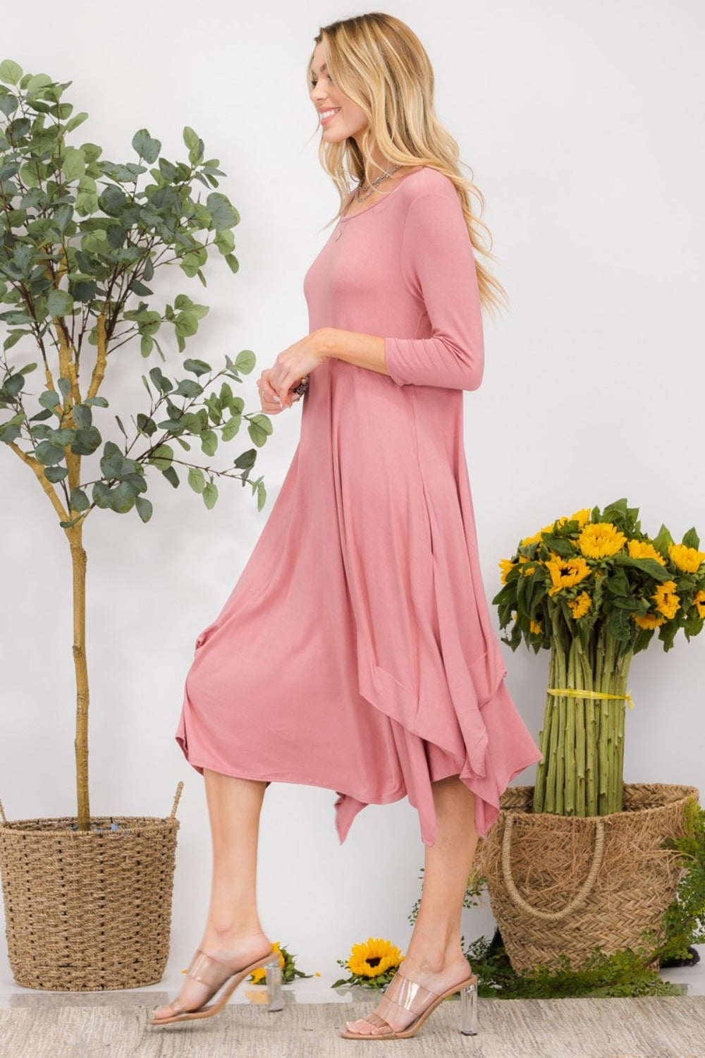 Asymmetrical Midi Dress with Ruched Hem