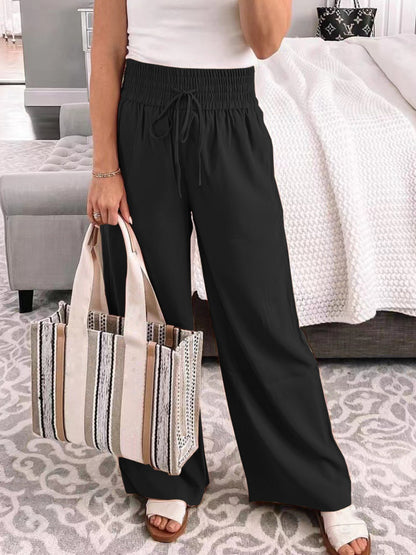 Full Size Drawstring High Waist Wide Leg Pants Black