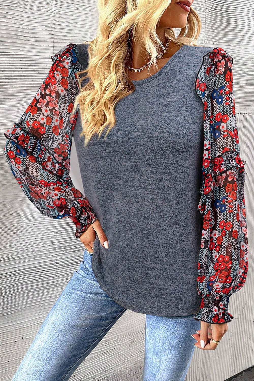 Heathered Floral Frill Lantern Sleeve Blouse Dark Gray S