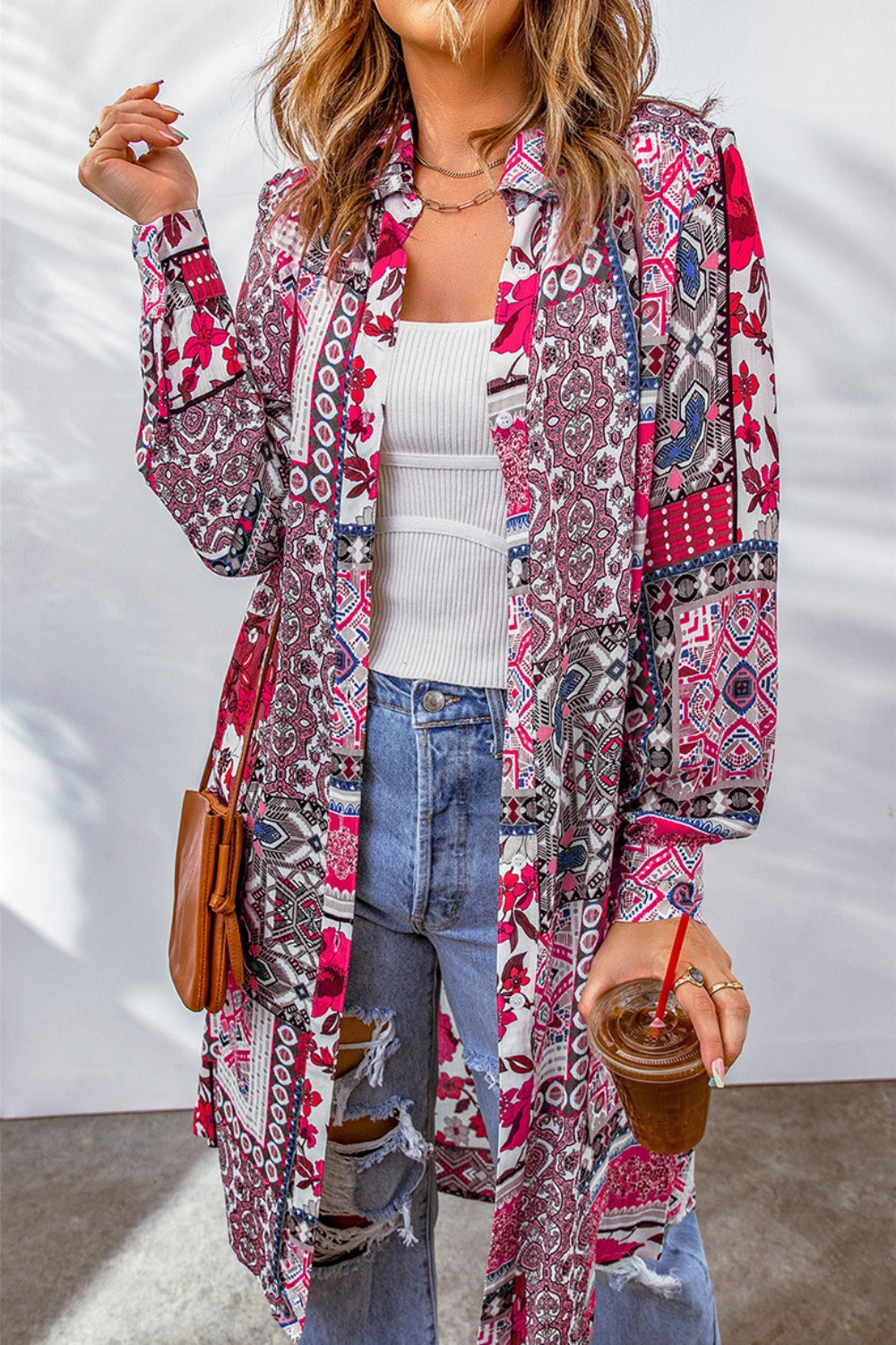 Printed Button Up Long Sleeve Cardigan Hot Pink