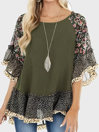 Full Size Frill Printed Round Neck Half Sleeve Blouse Army Green