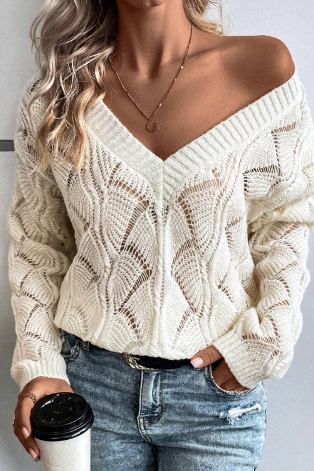 Openwork V-Neck Long Sleeve Sweater Ivory