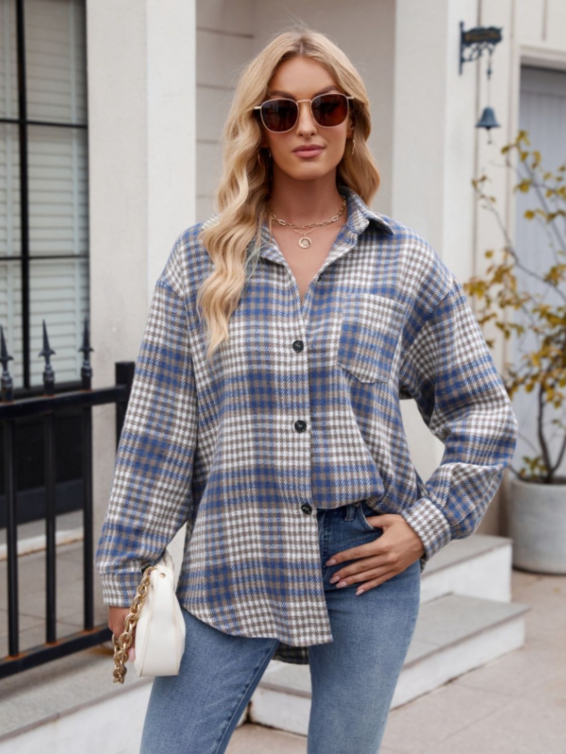 Stretchy Plaid Button-Down Shirt