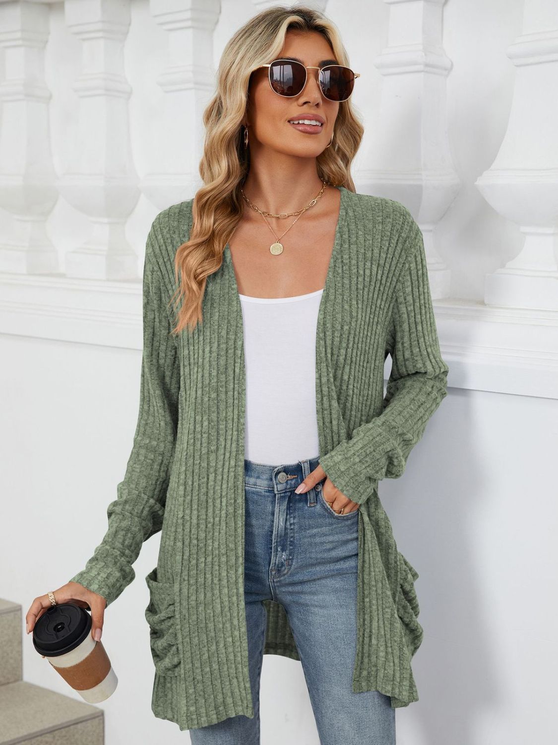 Pocketed Open Front Long Sleeve Cardigan Matcha Green