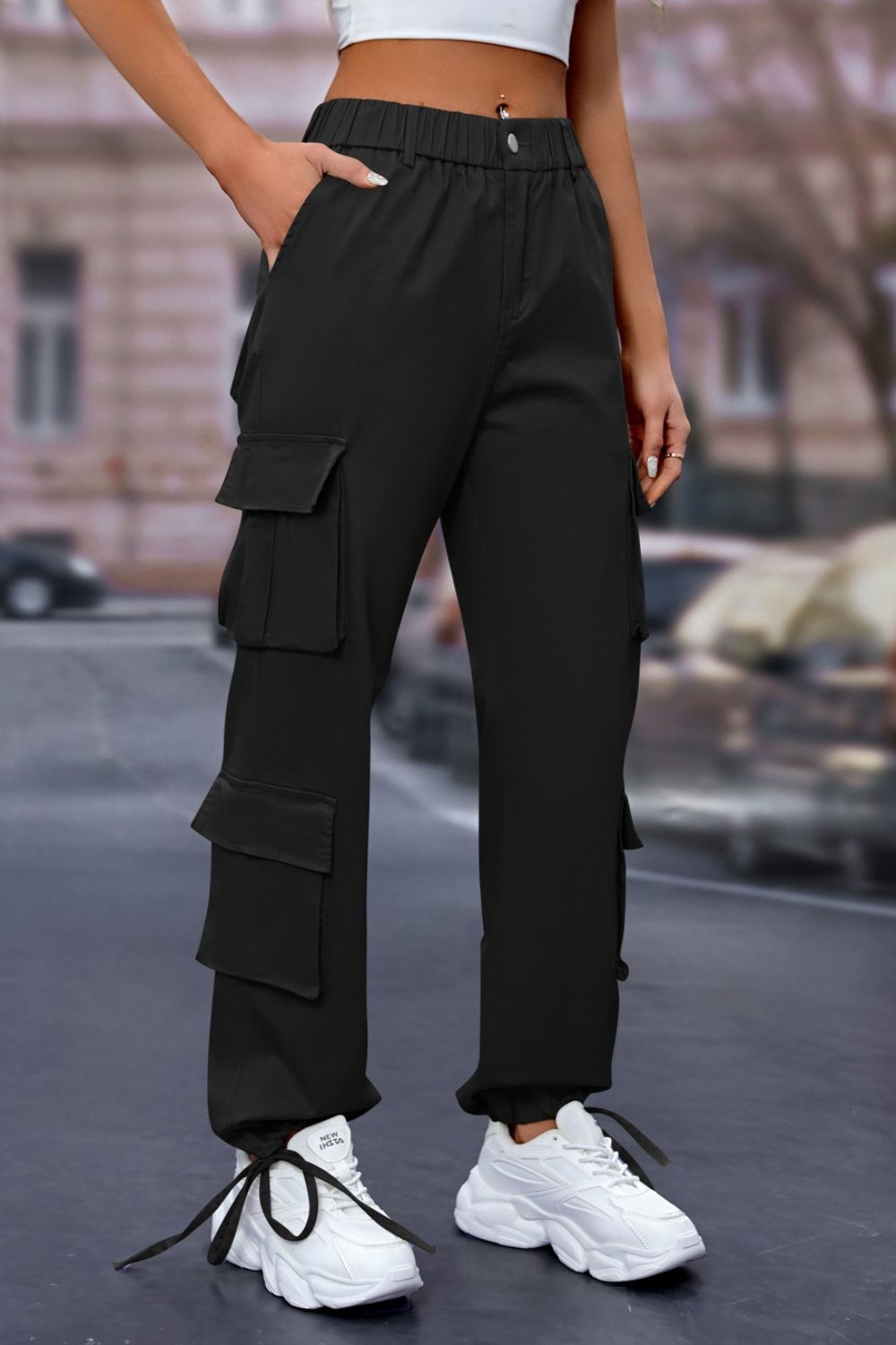 Elastic Waist Cargo Pants Black