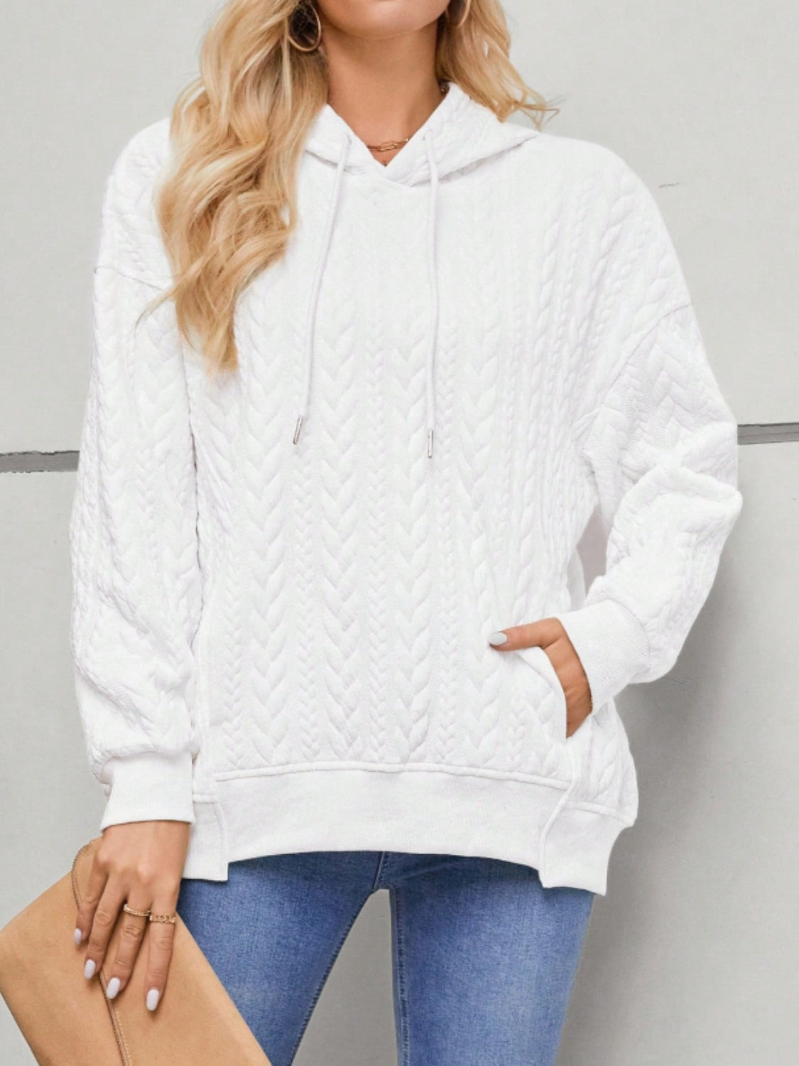 Drawstring Long Sleeve Hoodie with Pockets White